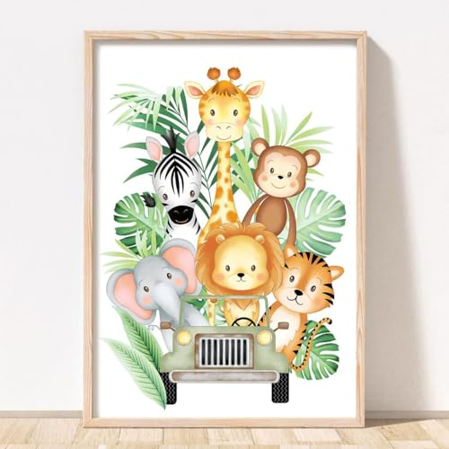 Rubybloom Designs Safari Jeep Jungle Animal Nursery Print - UNFRAMED - Childrens Name Giraffe Tiger Lion Elephant Zebra Monkey Wall Art
