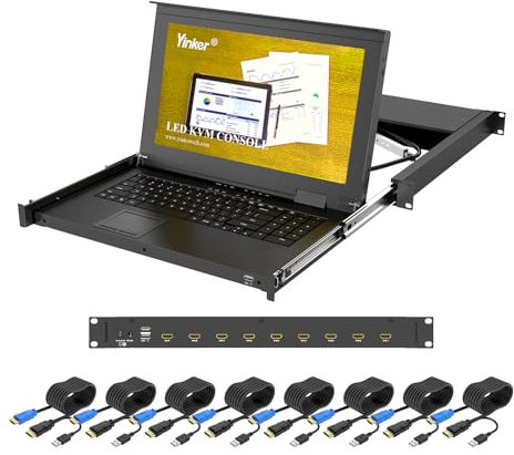 Yinker Console KVM HDMI a 8 porte, switch KVM HDMI con monitor LCD da 15,6, adatto per rack da 1U da 19, profondità 600 mm, con cassetto touchpad, cavo KVM