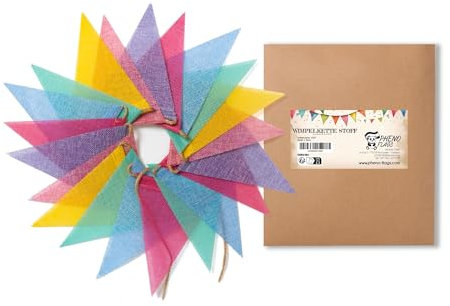 PHENO FLAGS Wimpelkette aus reinem Leinen-Stoff mit 6 Farben, 5 m – Outdoor & Indoor geeignete Party-Dekoration für Events, wiederverwendbar