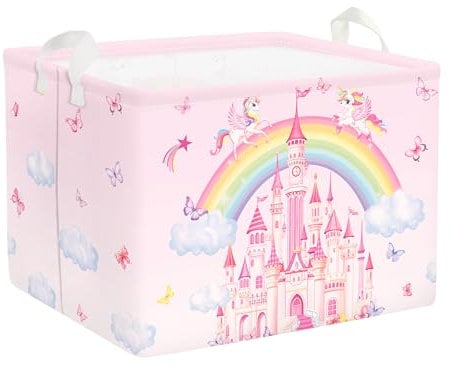 HUUMONSS Regenbogen Tiere Kinder Wäschekorb Faltbar für Mädchen Groß Kleidung Spielzeug Aufbewahrungskorb für Kinderzimmer Bad, Schlösser, 36L