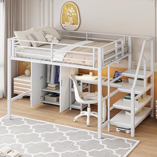 Multifunktionales Hochbett 140 x 200 cm, Metallbett mit Stauraum, Ablageflächen und Treppe, Erwachsenenbett und Kinderbett (Weiß - C)