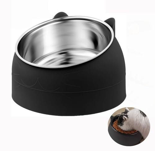 Wxinsheng Cuenco para Gatos de Acero Inoxidable 304,Comedero Gato 15°Inclinable Tazón,Base Antideslizante para Aliviar Cuello y Digestión Ideal Agua,Diseño Orejas,Higiénico y Duradero