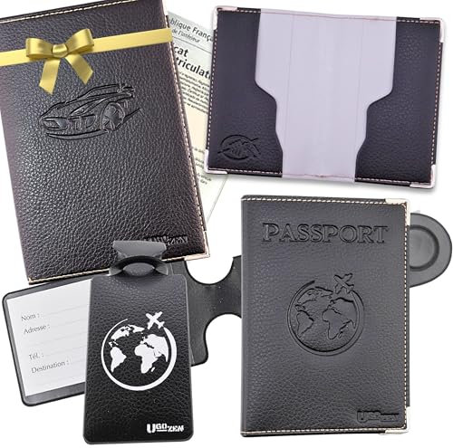 Ugozen Coffret Cadeau LUXÉO Ensemble Premium : Protège Passeport + 2 Etiquettes Bagage + Pochette Carte Grise + Etui Carte Bancaire. Noir