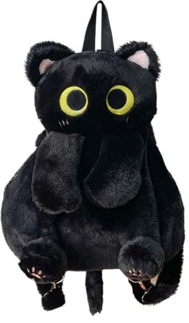 CHUNLINLAODA Plüschtier Katze Rucksack, Damen Schwarze Katze Plüsch Rucksack, Niedliche Schultasche, Plüsch Schultasche in Katzenform für Handy Snack Kosmetik (Schwarz)