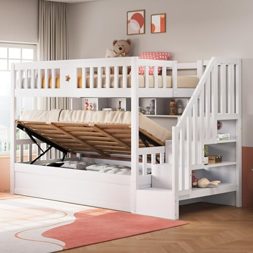 NNJN Cama de madera de 90 x 200 cm, bajo cama, hidráulica, escalera de almacenamiento, estanterías, cama alta, litera, cama juvenil (blanco Type2)