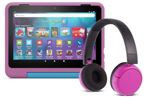 Amazon Fire HD 8 Kids Pro-Tablet, für Kinder von 6-12 J. | 3 GB RAM, 8-Zoll-HD-Bildschirm, Kindersicherung, 13 Std. Akkulaufzeit, 32 GB, Löwen-Design (2024) und BuddyPhones PopTime, Pink