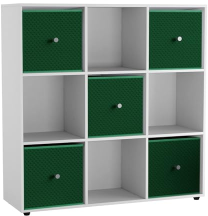 URBNLIVING 9 Cube Storage Unit with 5 Foldable Fabric Drawers, Wooden Freestanding Bookcase Shelf Organiser, Modern Cube Shelving for Bedroom, Office, Living Room, Toys, Clothes & Books