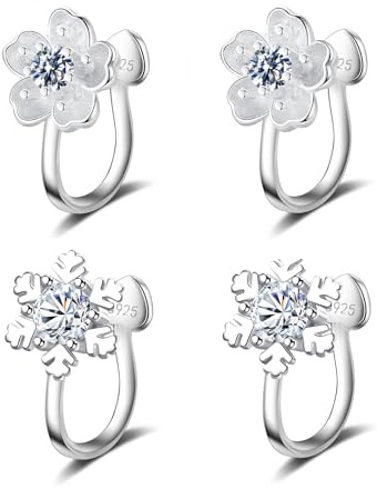 Hinvan 2 Paare Clip Ohrringe Silber 925 für Damen Mädchen Hypoallergen | Schneeflocke Blumen Ohrringe Clips Ohne Loch Ohrclips Silber Ohrklemme mit Zirkonia Diamant
