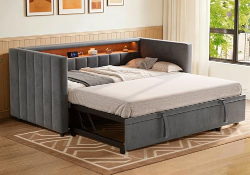 QQU 3ft Day Bed, Daybed with Pull Out Trundle, Single Bed Frame with Charging Station, LED Lights& Shelf, Single Button Tufted Upholstered Sofa Bed (Grey - Vertical Stripe Design, 90 x 190cm)