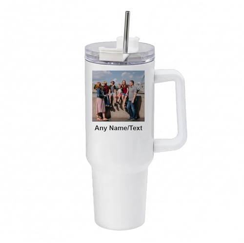 Giftme Personalised 40oz Travel Tumbler with Handle & Straw | Custom Name/Text with Your Own Photo | Stainless Steel Large Cup | Travel Water Bottle | Car Coffee Mug. (White)