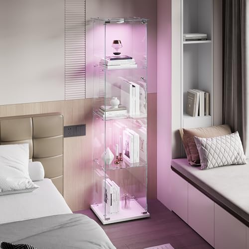 Vitrine aus Glas, modern, aus Glas, 4 Schichten, mit mehrfarbigem LED-Licht, Vitrine, für Handwerk, Wohnzimmer, Bücher, 39,8 x 35 x 163 cm (Weiß-B, 1 Tür, 4 Etagen)