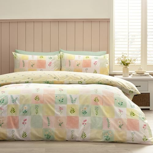 Catherine Lansfield Wende-Bettwäsche-Set mit Kissenbezug, Gänseblümchen, Patchwork, Gelb