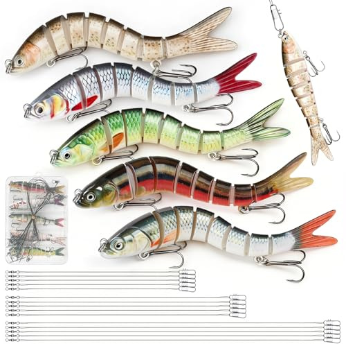 Seconero 5 Pcs Multi Jointed Fishing Lure, Pike Lures with Hooks | Artificial Lures with 15cm 25cm 30cm Fishing Wire Traces, Slow Sinking Lure, Lifelike Pike Swimbait for Bass, Trout, Perch