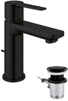 GROHE Lineare, energiesparende Waschtischarmatur, Kaltwasser in Mittelstellung (Wasserhahn für das Bad, 16cm hoch, Zugstangen-Ablauf, einfache Installation am Waschbecken), mattschwarz, 237902431