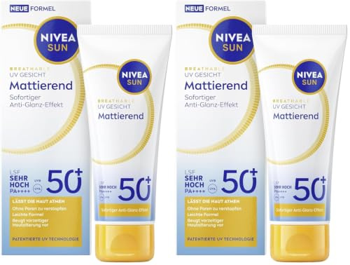NIVEA SUN Sonnenschutz LSF 50+, mattierende Sonnencreme für das Gesicht mit Anti-Glanz-Effekt, atmungsaktive Sonnenmilch mit leichter Textur, Breathable UV Gesicht Mattierend (40 ml) (Packung mit 2)