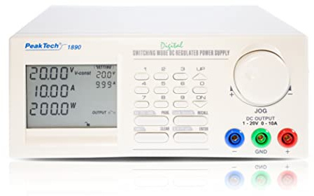 PeakTech P 1890 Programmierbares DC Schaltnetzteil 1–20 V 0–10 A mit 4-stelliger LCD Anzeige USB RS-232 RS-485 Labornetzgerät Überlastschutz PC Steuerung 90–265 V AC weiß 280 x 210 mm