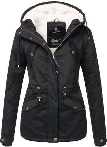 MARIKOO Damen Winter Jacke Parka Winterjacke Teddyfell gefüttert B376 [B376-Manolya-Schwarz-Gr.S]