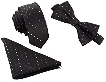 WANYING Herren Klassische 6 * 12cm Fliege & 6cm Schmale Krawatte & 22 * 22 cm Einstecktuch 3 in 1 Sets - Gepunket Schwarz