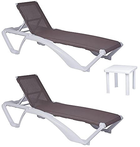 resol grupo garbar ACQUA-Andorra Set 2+1 Tumbona-Mesa Auxiliar Exterior | jardín, terraza, balcón, Playa, Piscina | apilable, reclinable, Ruedas, Posavasos | Estructura Blanca - Textilene Arena