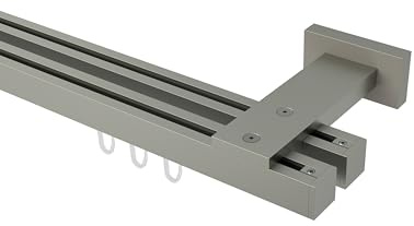 INTERDECO Innenlauf-Gardinenstange eckig 20 x 20 mm 2-läufig, kantige Innenlaufstange aus Metall, Satin-Silber, zur Wandmontage, Typ 10212039, 240 cm