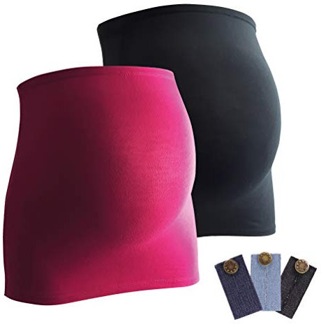 Mamaband Schwangerschaft Bauchband für die Babykugel im Doppelpack + 3erPack Jeanserweiterung – Rückenwärmer und Shirtverlängerung für Schwangere – Elastische Umstandsmode Schwarz/Magenta 42-48