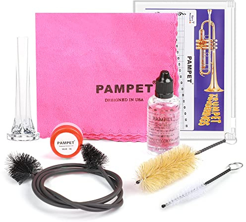 PAMPET Trumpet Care Kit, Professional Trumpet Cleaning Kit Care Your Trumpet with Valve Oil, Brass Polishing Spray, Slide Grease, Brushes