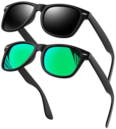 KANASTAL 2 Pack Green Mens Sunglasses Womens Mirrored Polarised Cheap Classic UV 400 Protection for Driving Cycling Fishing Travel Outdoor Summer - Matte Black + Green Mirror