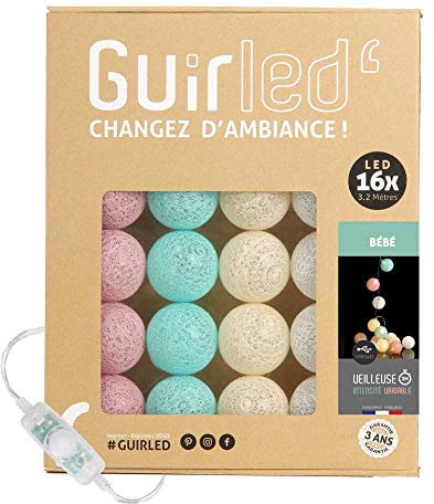 GuirLED - Guirnalda luminosa bolas de algodón LED USB- Luz de noche para bebé 2h - Adaptador de corriente dual USB 2A incluido - 3 intensidades - 16 bolas 1,6m - Bébé