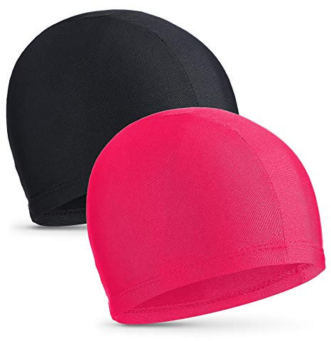 2 Pièces Bonnets de Bain Élastiques Chapeau de Natation en Tissu Confortable Bonnets de Natation Légers pour Femmes Hommes Enfants Natation (Noir, Rose Foncé)