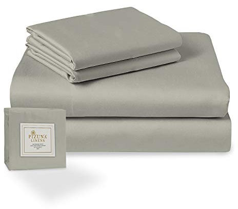 Pizuna Set lenzuola letto matrimoniale Cotone 140x200 cm Grigio, 400 fili con trama Sateen in 100% Cotone a fiocco lungo Completo lenzuola con 1 lenzuolo con angoli, 1 lenzuolo sopra, 2 federe