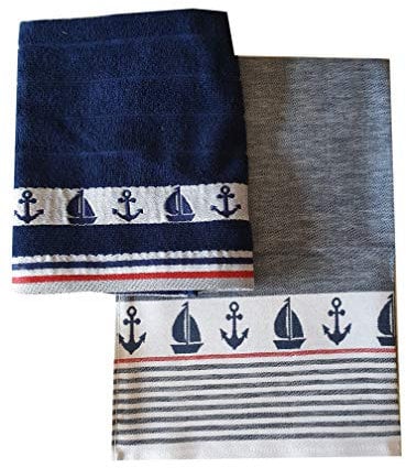 Kracht Frottee Küchentuch und Geschirrtuch im Set - Nordseestrand, Segelboot, Anker - Halbleinen & Frottier