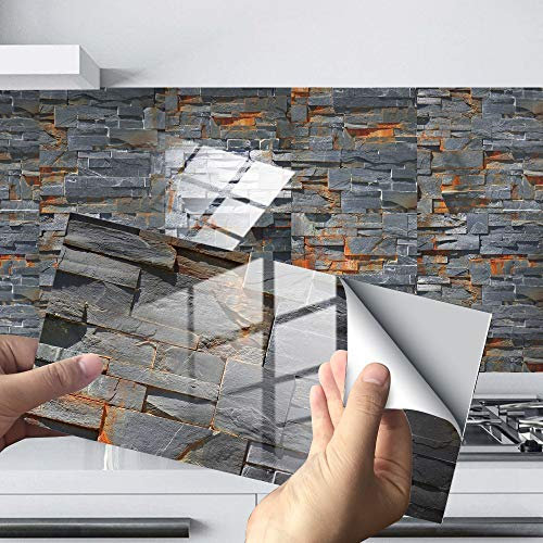 Hiseng 24/48 Pièces Rectangle Adhésive Décorative à Carreaux pour Salle de Bains et Cuisine Stickers Carrelage, Motif Marbre Mosaïque Imperméables 3D Adhésive Décoration (Gris foncé,48Pièces)