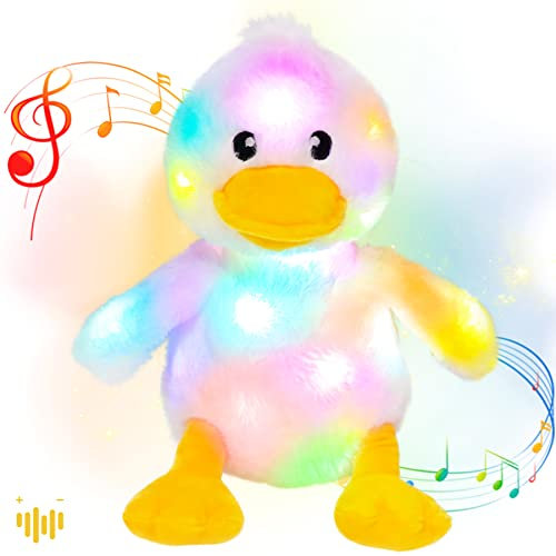Hopearl LED Musical Gefüllte Ente Leuchte Singende Ente an Plüschtier Einstellbare Lautstärke Ruhen animierte Beruhigung Geschenke für Kinder Toddler Girls, Weiß, 28cm