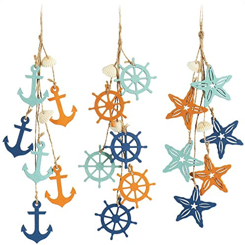 com-four® 3X Hängedeko Maritim - Dekoration zum Aufhängen - Seestern, Anker und Steuerrad aus Holz mit Muscheln - Hängedeko (3 Stück - 38cm)