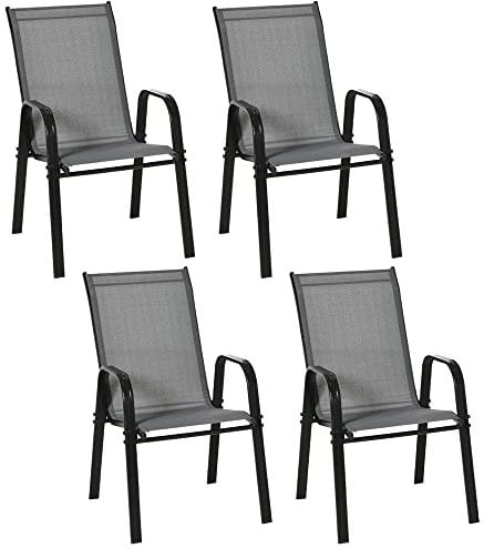 Outsunny 4 Pieces Garden Chairs, Stackable Outdoor Chairs with High Backrest and Armrest, Breathable Mesh Fabric Dining Chair Set of 4, Dark Grey