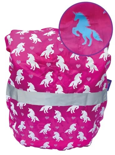HECKBO Kinder Regenschutz Rucksackhülle Einhorn - Farbwechsel bei Nässe - Reflektierende Sicherheitsstreifen - Wasserfestes Polyester - Universalgröße, Einhorn, Einheitsgröße
