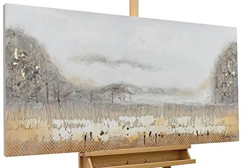 KunstLoft Leinwandbild | 100% HANDGEMALT | 120x60cm | Gemälde 'Mountains in Fog' | Landschaften | Grau Beige | Wandbild Wohnzimmer