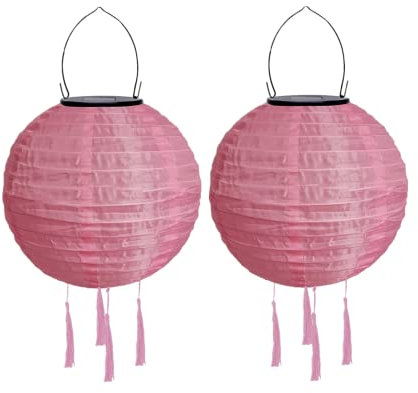 Lampions Außen Wetterfest Solar, LED Solarlaterne Außenlaternen Wasserdicht Solar Lampion mit Quaste Solarlampen Hängende Gartenlaterne Papierlampen Outdoor Ballform Papierlaterne, 20cm (2pcs-Rosa)