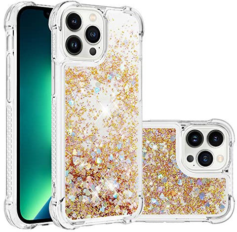 IMEIKONST Compatible with iPhone 13 Pro Glitter Case, Liquid Sparkle Quicksand Clear Transparent Sequin Slim Girls Soft TPU Bumper Silicone Shockproof Cover for iPhone 13 Pro. Love Gold YBW