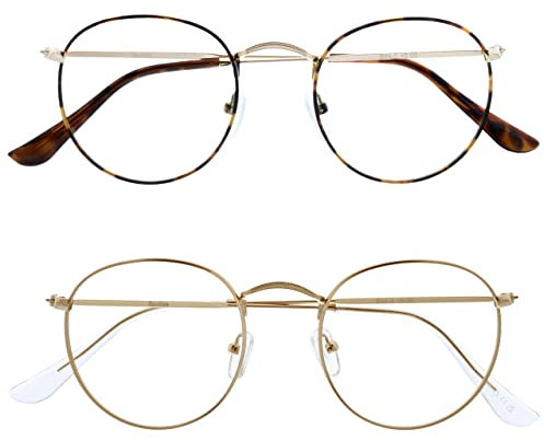 OPULIZE Sol - Lesebrille 2er Pack Blaulichtfilter Runder Metall Retro Rahmen Verbessern Den Schlaf Computer Gaming Entspiegel Braun Gold Herren Damen BB94-29 +1.00