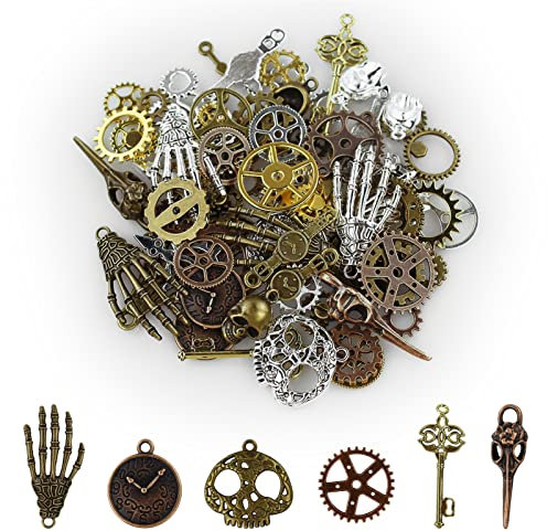 90 STÜCKE Verschiedene antike Steampunk-Zahnräder Vintage-Skelett-Charms-Anhänger gemischt für Halsketten-Armband-Schmuckherstellungszubehör (Bronze und Silber, gemischte Farbe)