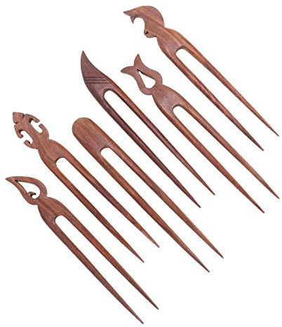 Zap impex Lot de 6 barrettes à cheveux en bois Vintage Japonais Épingles à cheveux pour femmes Cheveux longs Chignon Maker (Marron) (Différents design) (Double canne)
