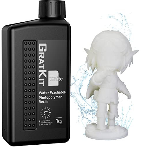 GratKit Wasserabwaschbares 3D-Drucker Resin 1000g Weiß – Verbesserte Formel, Water-Washable 405nm UV Photopolymer Harz, geruchsarm und leicht zu reinigen, kompatibel mit SLA, DLP und LCD Druckern