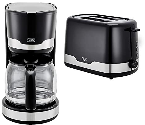 KHG Kaffeemaschine und Toaster Set 2-teilig in schwarz, 1.000 & 850 Watt, Frühstücksset mit Kapazität 1,5 Liter & 2 Scheiben Toast, Küchenset mit Permanentfilter & Krümmelauffang