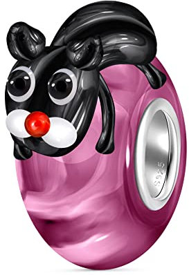 Andante-Stones Abalorio de plata de ley 925 de Murano de cristal con forma de gato rosa oscuro para cuentas europeas + bolsa de organza, Plata esterlina Vidrio