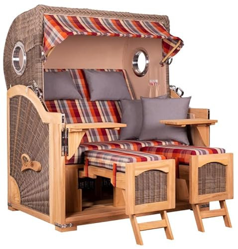MR. DEKO® Strandkorb Düne Grande XL 2,5-Sitzer Teak | PE Geflecht Grey - Dessin 584 | Volllieger Strandstuhl mit Bullauge inkl. 2 Fußablagen | je 2 Kissen und Nackenkissen | Strandkörbe aus Teakholz
