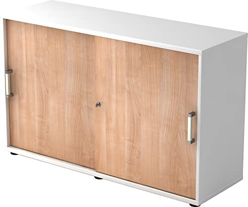bümö Schiebetürenschrank 2OH - Aktenschrank abschließbar, Sideboard Schrank mit Schiebetüren in Weiß/Nussbaum - Büroschrank aus Holz mit Schiebetür, Büro Kommode für Ordner & Co.
