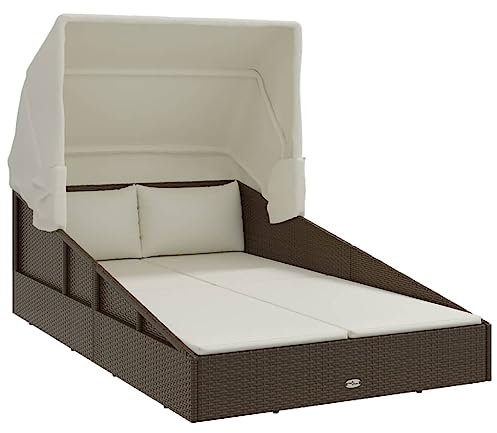 vidaXL Sonnenliege, Gartenliege mit Kissen Faltdach, Liegestuhl Liege für Pool Garten Terrasse, Relaxliege Strandliege Gartenmöbel, Braun Poly Rattan