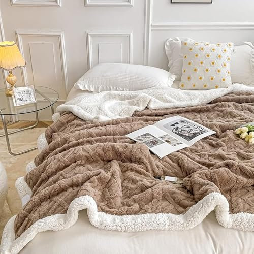 WONGS BEDDING Kuscheldecke 220x240 Flauschig Sherpa Decke, Sofaüberwurf Fleecedecke, Dick Sofadecke Doppelgesicht Extra Warme & Weiche Couchdecke Braun Wohndecken