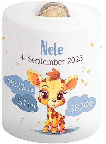 Kinder-Spardose mit Namen & Geburtsdaten personalisiert - Wolken-Motiv - Geldgeschenk für Neugeborenen & Baby - Sparschwein für Mädchen & Jungen - Geschenk zur Geburt, Taufe, Geburtstag (Giraffe)